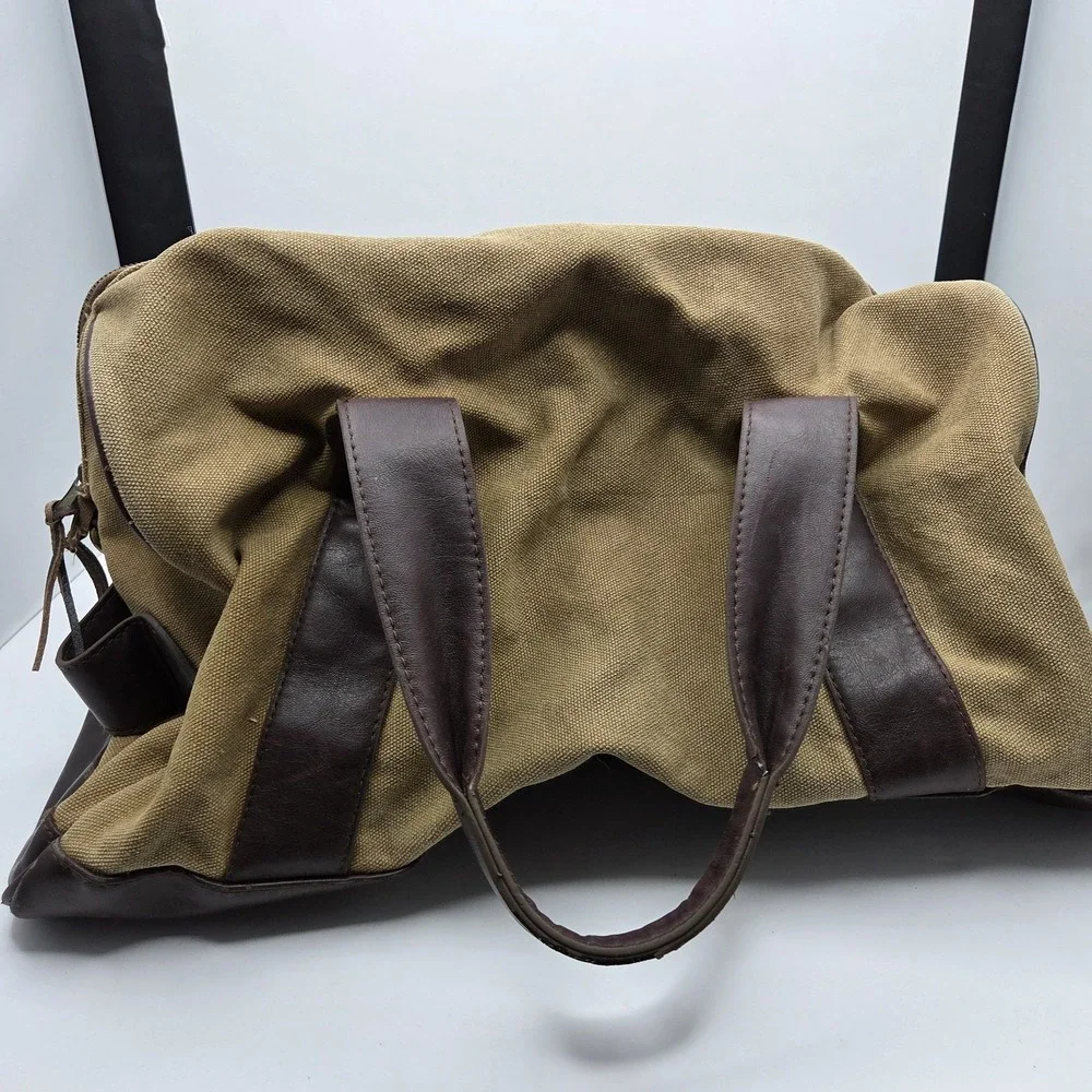 Merona Canvas‎ Duffel Bag Brown Tan Faux Leather Weekender Travel Gym
